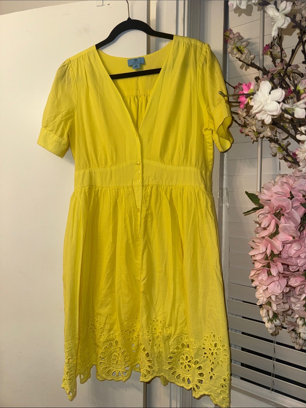 CeCe Sunny Yellow Eyelet-Hem V-Neck Dress